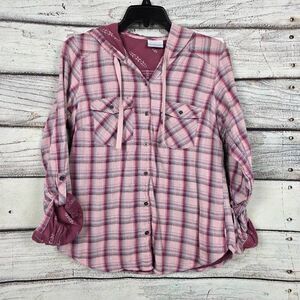 Columbia Womens Hooded Plaid Button Shirt Small
